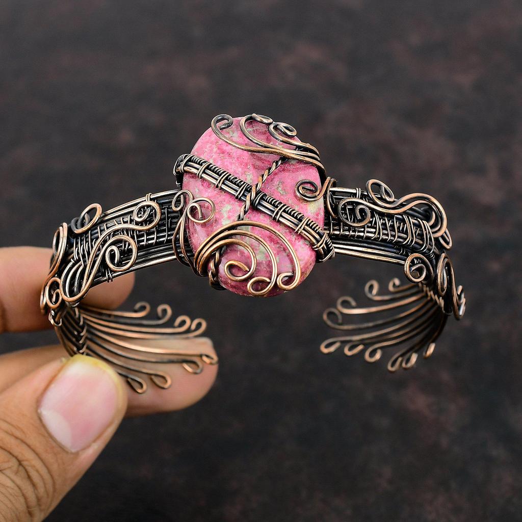 Thulite Bangle Copper Wire Wrapped Jewelry Handmade Adjustable