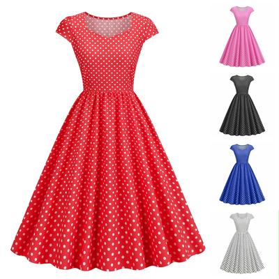 Women's Summer Temperament Square Neck Bag Sleeve Polka Dot Printing Retro Pendulum Skirt