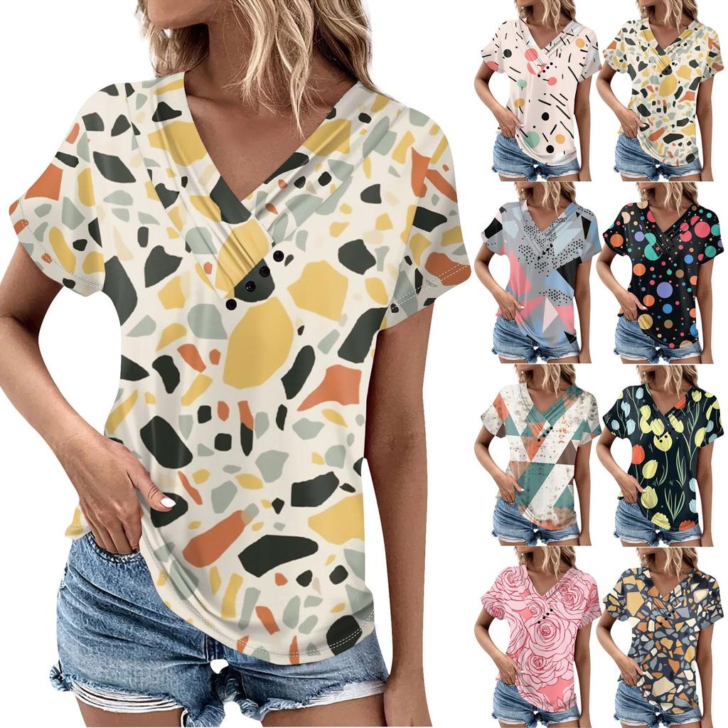Modă de Primăvară și Vară pentru Femei Tricou Retro Imprimat Top cu Mânecă Scurtă cu Guler în V cu Nasturi Plisați