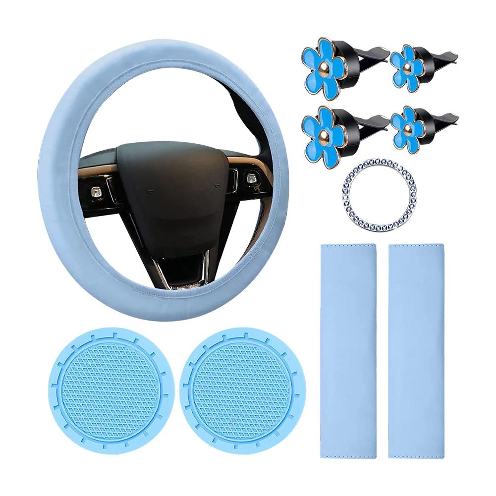 10Pcs Leather Steering Wheel Cover For Women Cute Car Accessories Set With Seat Belt Shoulder Pads Cup Holders Car Decorations