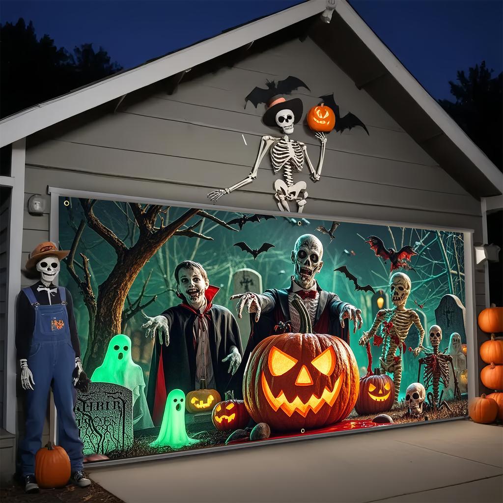 1pc Terrifying Halloween Garage Banner - 157x71 Inches, 2D Designzyc