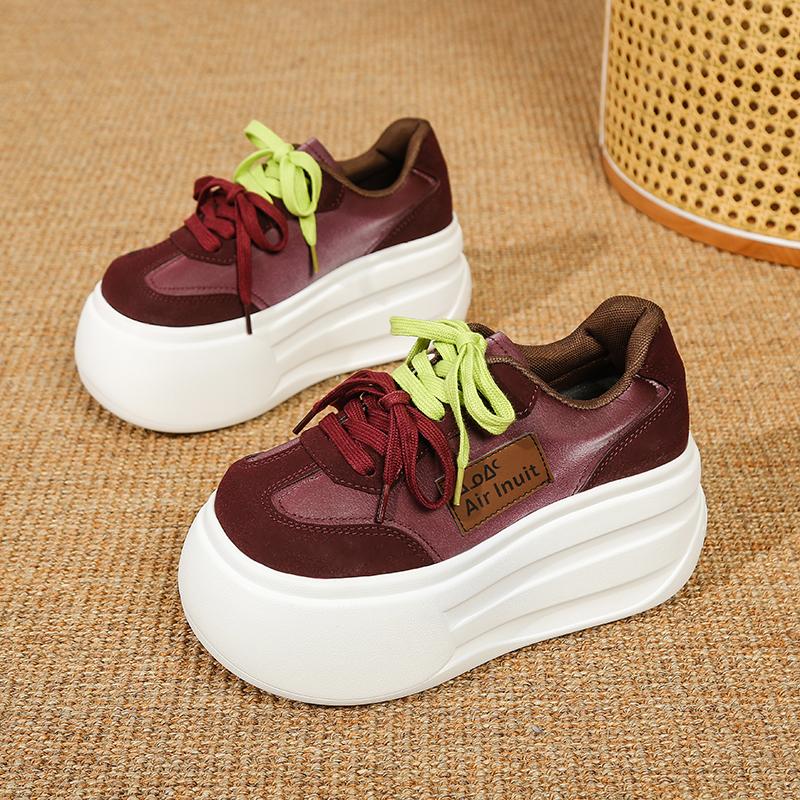 Fashion 7 CM Women's Autumn Thick Bottom Shoes Breathable Microfiber Leather Vulcanize Flat Platform Sneakers White Walking Shoes