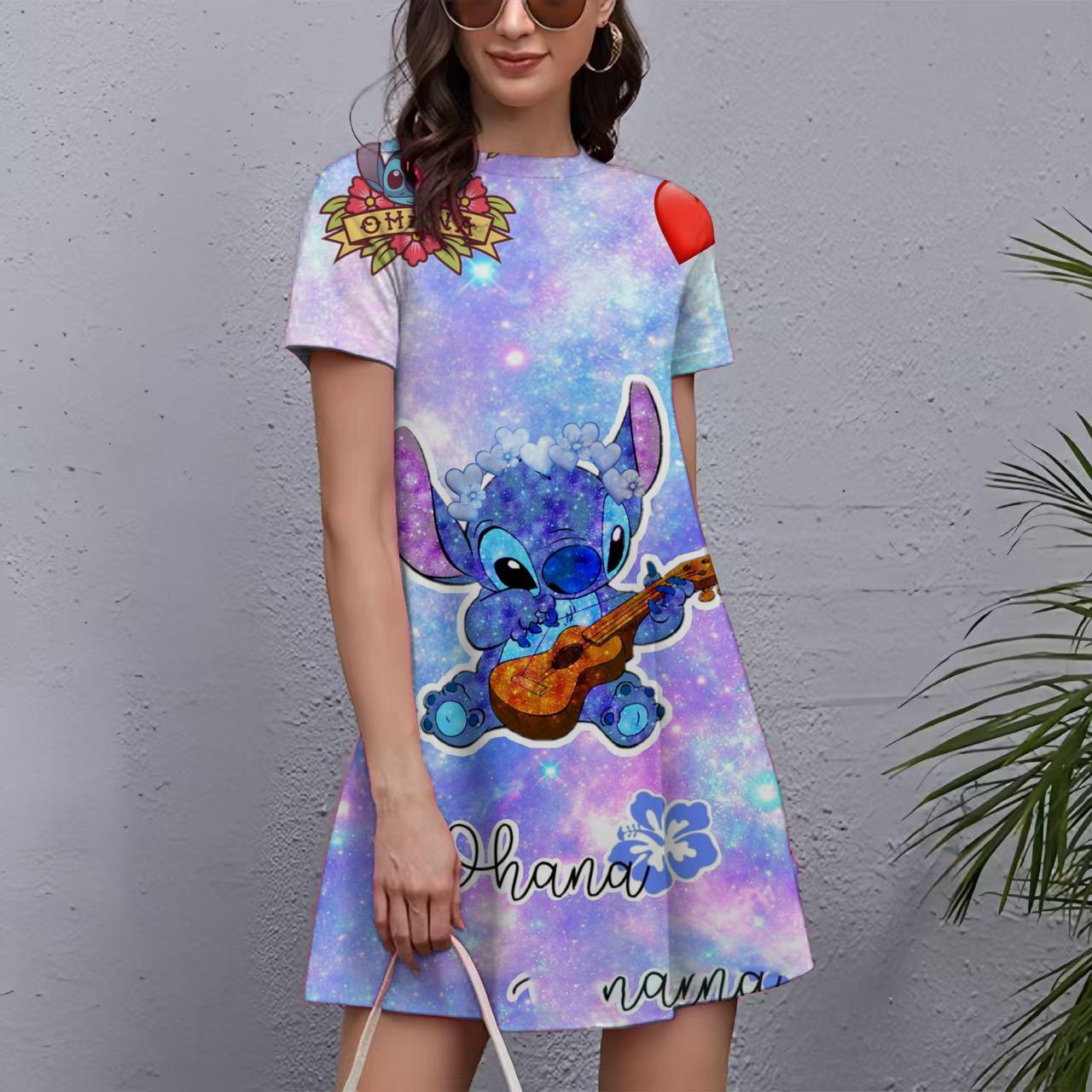 Šaty s potlačou Stitch pre ženy 2025 Nový rok Krátke rukávy O-výstrih Šaty Oversized Dámske Vianočné Zábavné Dámske Párty šaty M