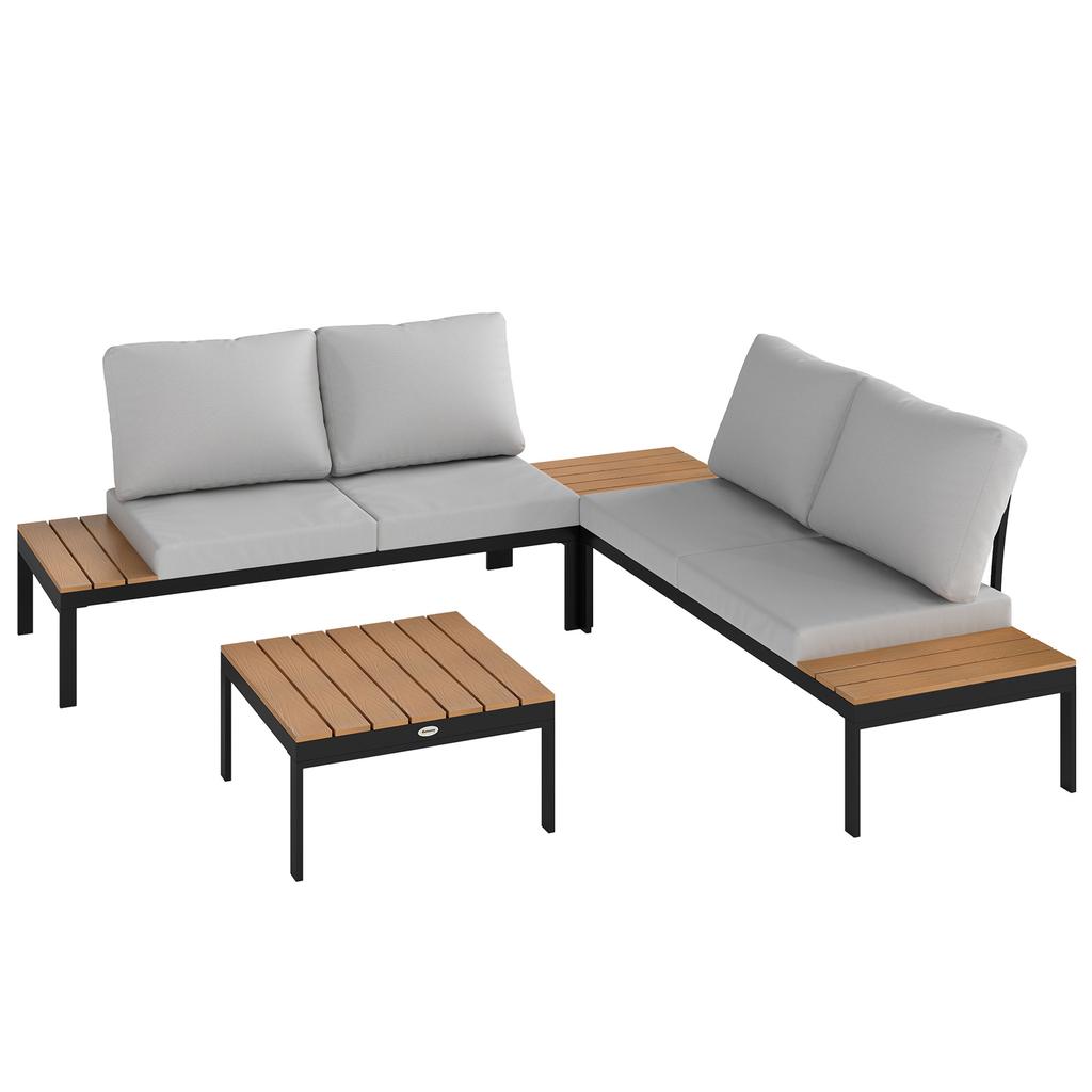 Garden Set 4 Pieces with 2 2-Seater Loveseats and 2 Coffee Tables In Metal and Composite Wood, Grey Black and Teak