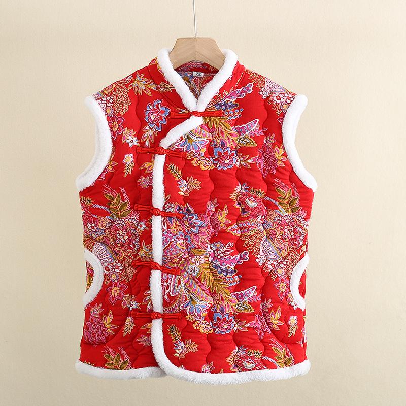 Damska pikowana kamizelka bawełniana z kwiatowym wzorem i guzikami w kształcie żabki - Ciepła bezrękawnikowa odzież wierzchnia na jesień/zimę