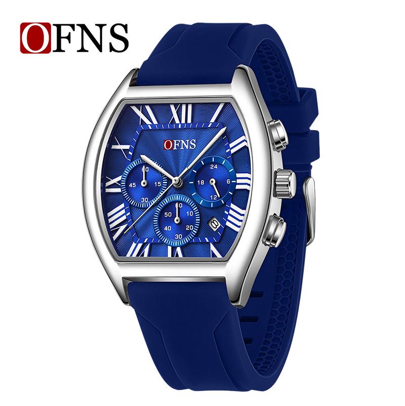 OFNS Men's Barrel-Shaped Waterproof Quartz Watch - Multifunctional Calendar with Three-Eye, Six-Hand Design, Casual Style.