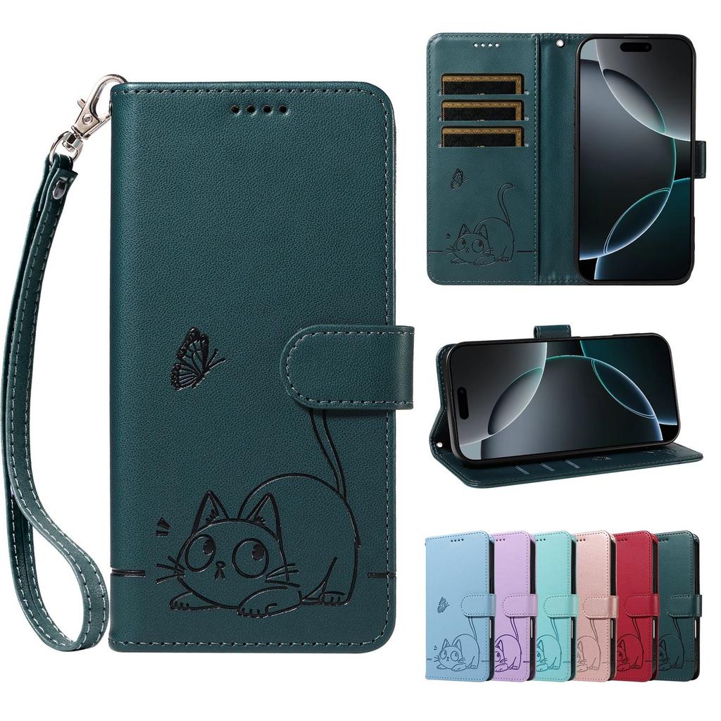 Leather Wallet Flip Case For OPPO A57S A77 A15 A15S A16 A16S A54S A17 A96 4G 5G Cat and Butterfly Embossed,Wrist Strap