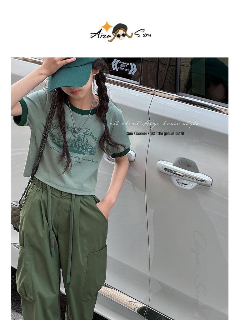 2026 Sommer Koreanischer Stil Sportliche Cargohose & T-Shirt Zweiteiliges Set für Mädchen