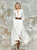 Women Deep V Neck Long Sleeve Belted Ruched High Low Maxi Dress Solid Color Casual Dress