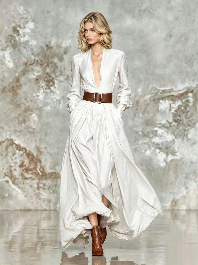 Women Deep V Neck Long Sleeve Belted Ruched High Low Maxi Dress Solid Color Casual Dress