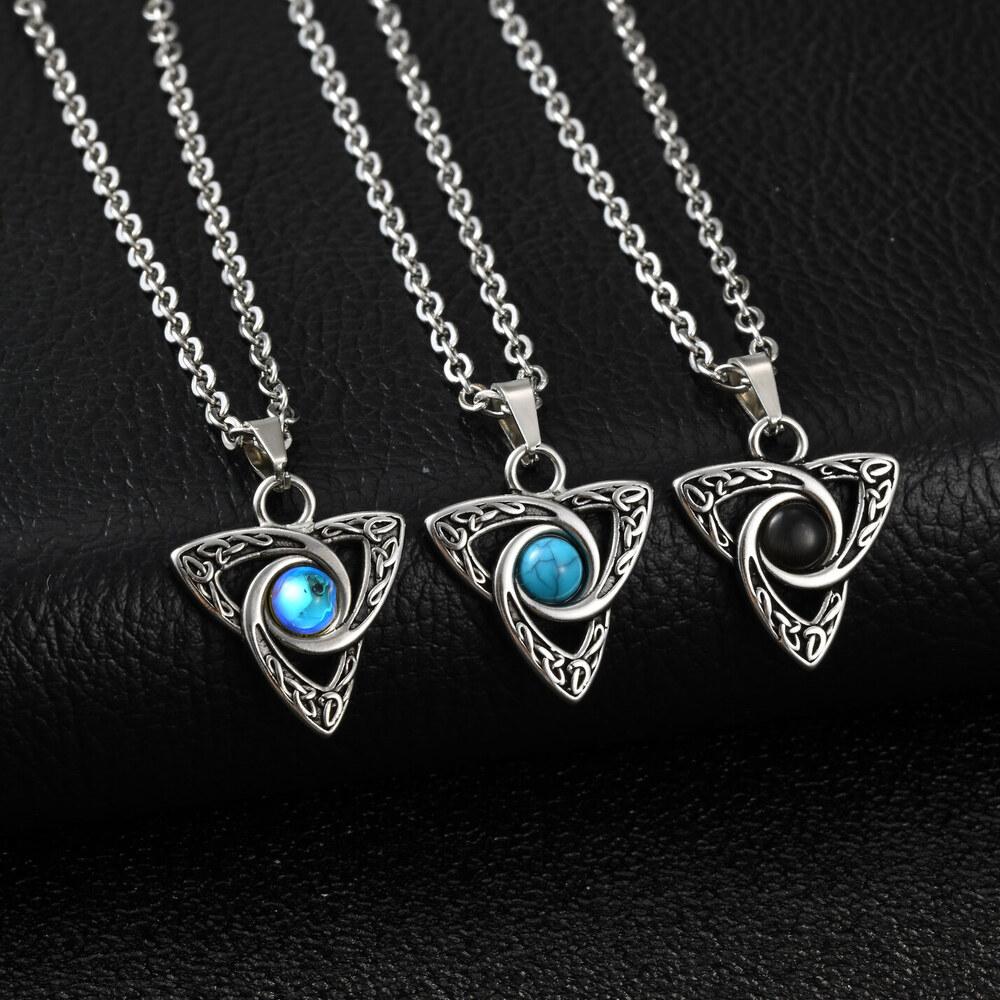 Vnox Turquoise Stone Celtic Knot Pendant Necklaces for Men Women, Stainless Steel Silver Color 50cm 60cm O-chain Jewelry Gifts