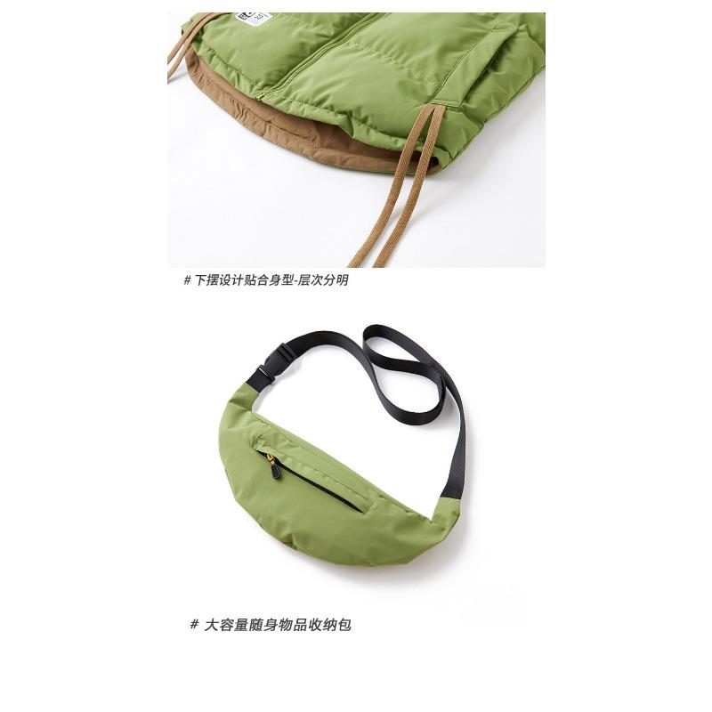Unisex Green Puffer Vest with Detachable Bag Stand Collar Warm Winter Gilet