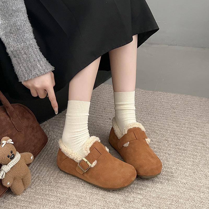 Leather fur women's winter retro velvet warm belt buckle versatile one pedal non-slip flat cotton shoes