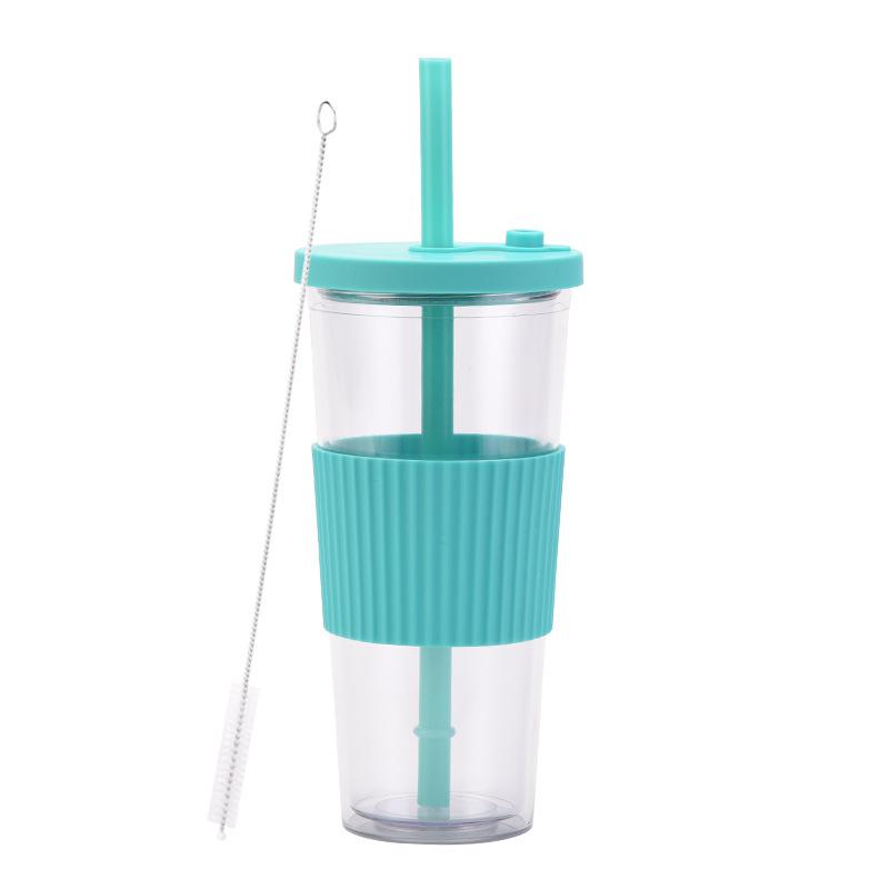 2025 Large Capacity Double Layer Plastic Cup Large Hole Straw Pearl Boba Milk Tea Cup Portable Outdoor Straw Cup