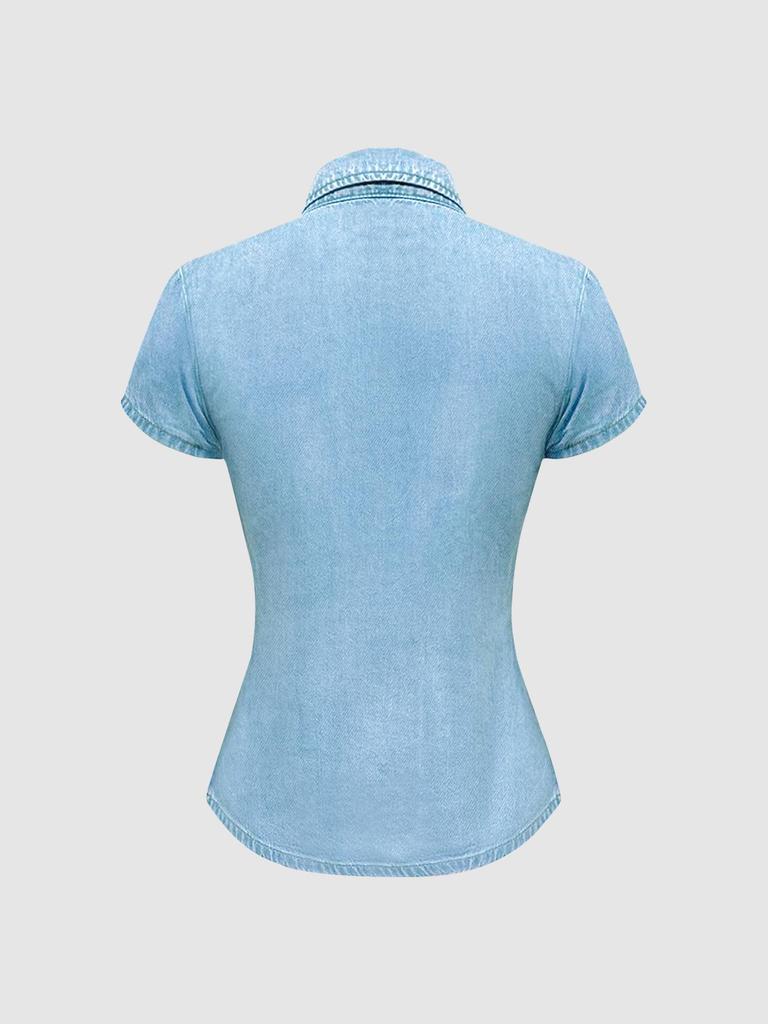 Women's Slim Fit Short-Sleeved Denim Shirt - Elegant, Versatile, and Stylish