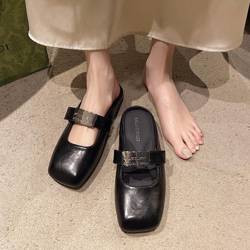 

Баотоу полутапочки женские для улицы 2025 весна и лето новые на плоской подошве туфли-лодочки с одним ремешком темпераментные Мэри Джейн женские 35 чёрный