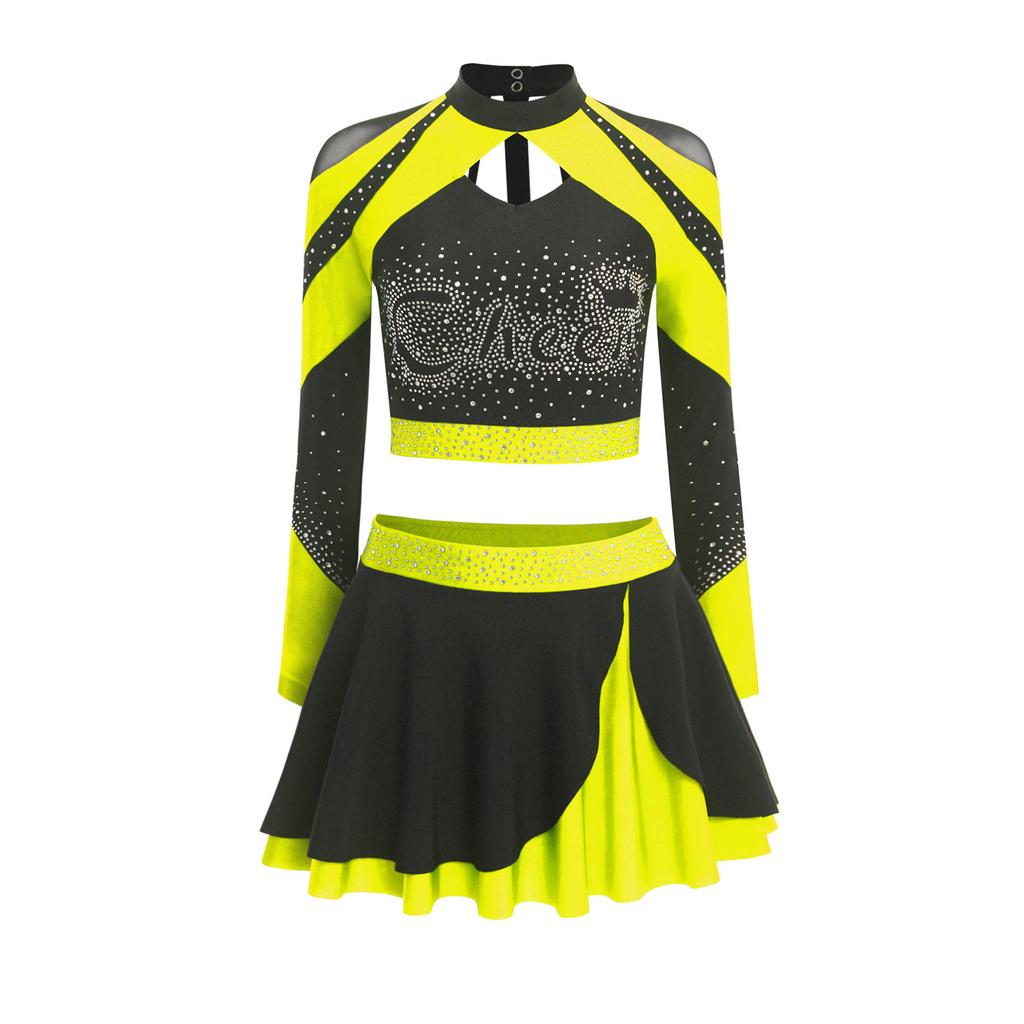 Womens Cheerleading Outfit Two Piece Long Sleeve Hollow Out Crop Top Skater Skirt Sparkle Rhinestone Apparel