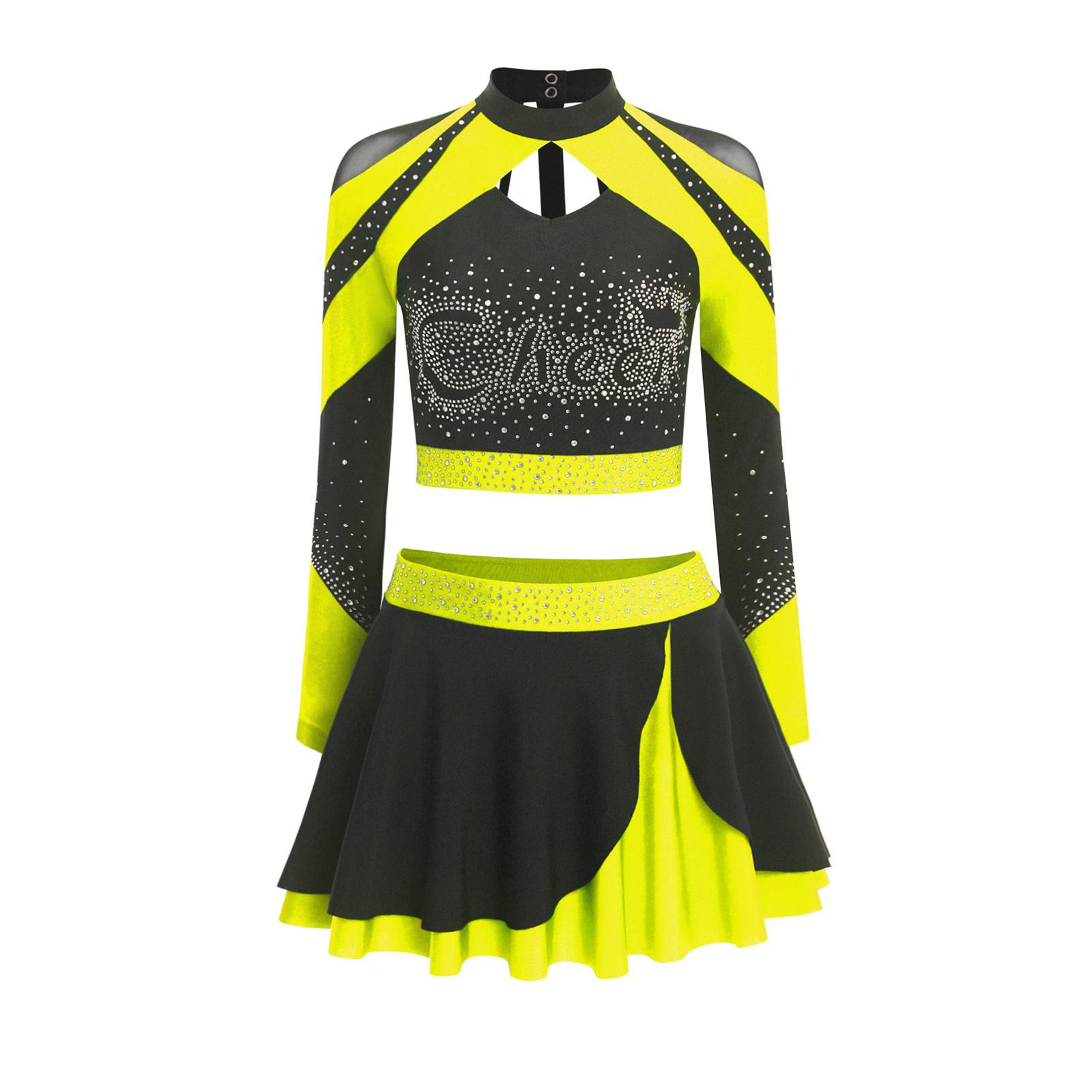 

Жіночий костюм для черлідингу з двох частин, кроп-топ з довгим рукавом та вирізами, спідниця-скейтер, одяг з блискучими стразами S флуоресцентний жовтий колір