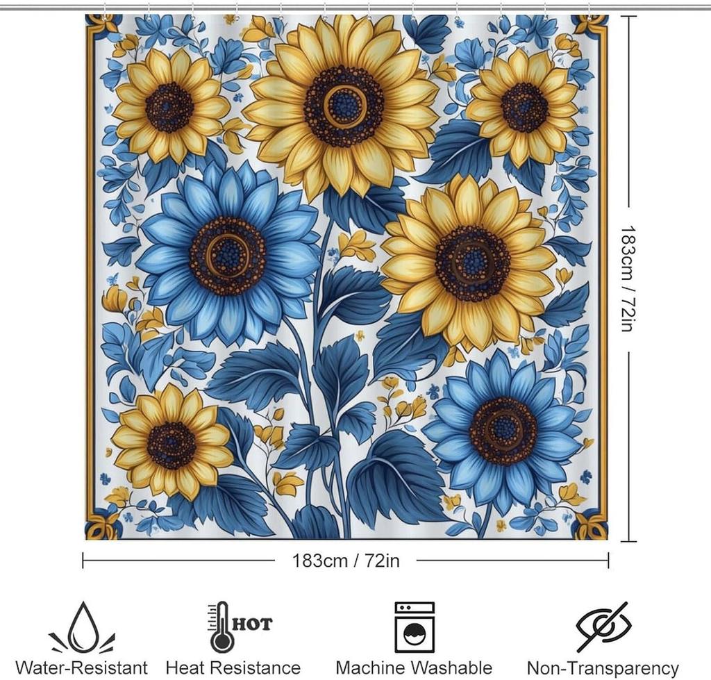 Bathroom Curtain And Rug Set, Sunflower Pattern Printed On Shower Curtain And Bath Mat Set, Designed For Farmhouse Contemporary