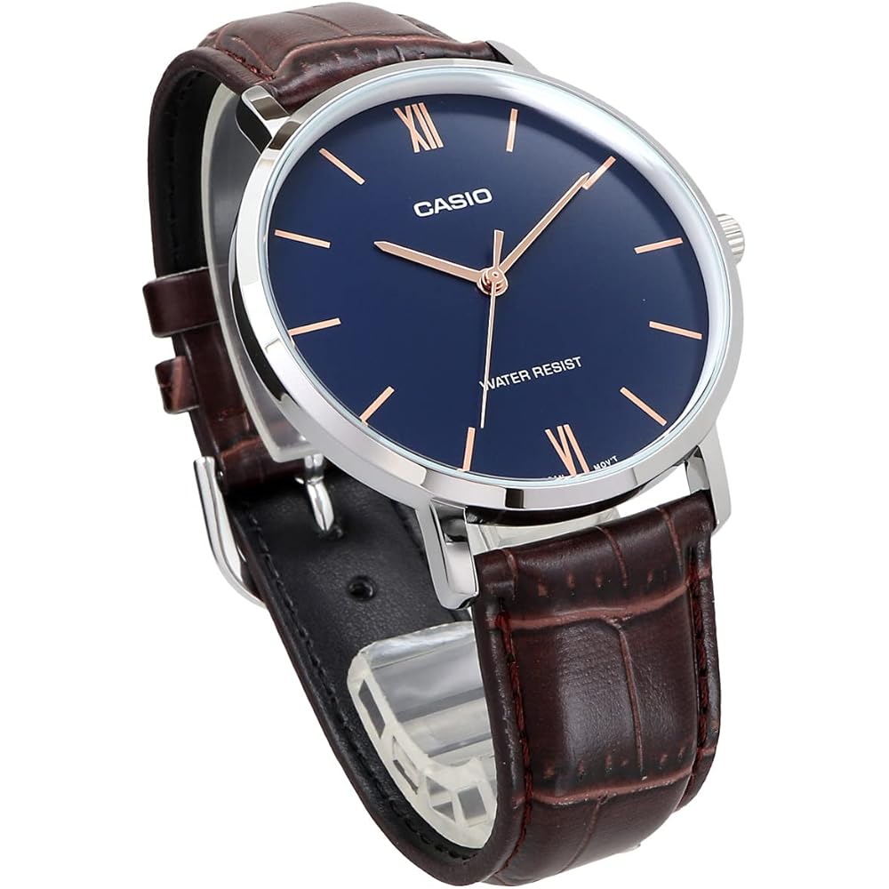 Casio MTP-VT01L-2B Quartz Men's Watch Navy Brown Leather Band Imported Model