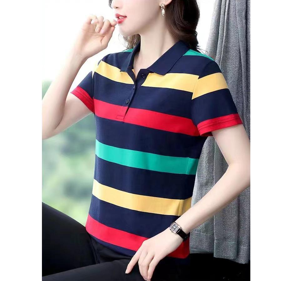 Women's Summer Tops Strip Tees Sexy Vintage Short Sleeve 5XL Polo T-Shirts Loose Casual Boho Tees