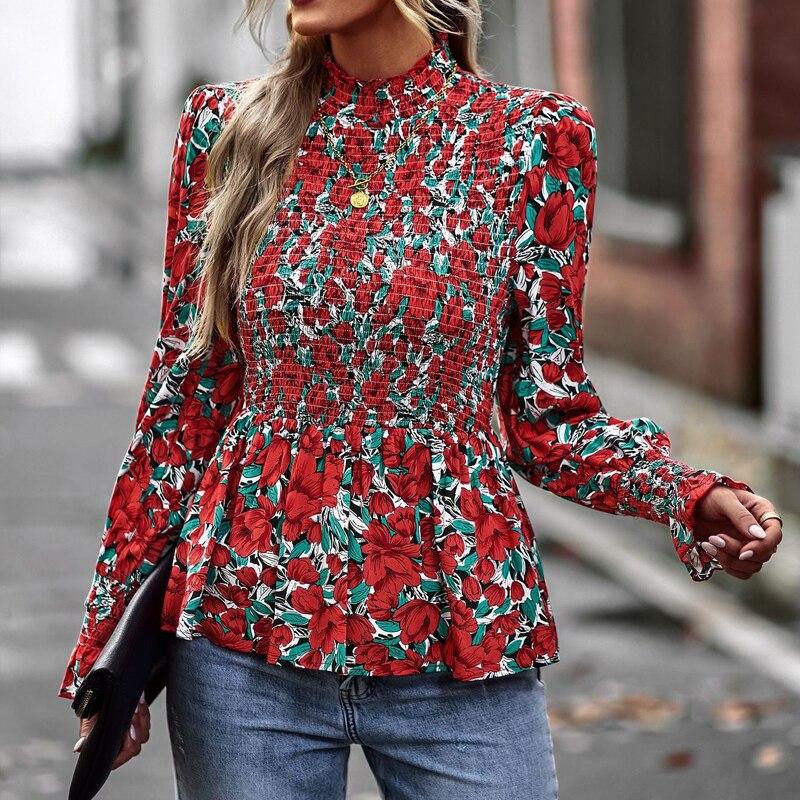 Temperamentní košile s dlouhým rukávem Móda Úzký pas Topy s výstřihem do O Jaro Podzim Dámské Oblečení Elegantní halenka s květinovým potiskem 24779
