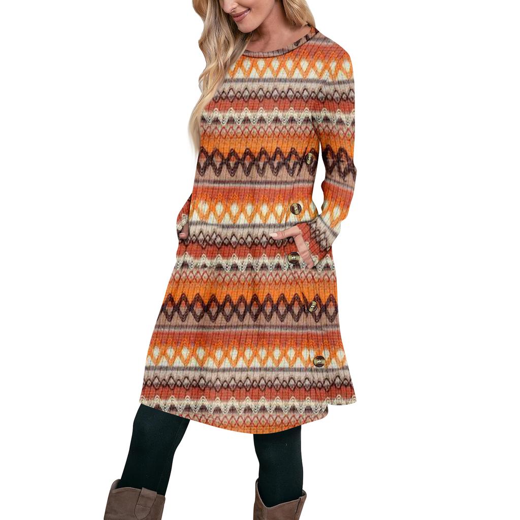 Women's Fashion Casual Long SleeveTunic Dress With Pockets Side Button Dress