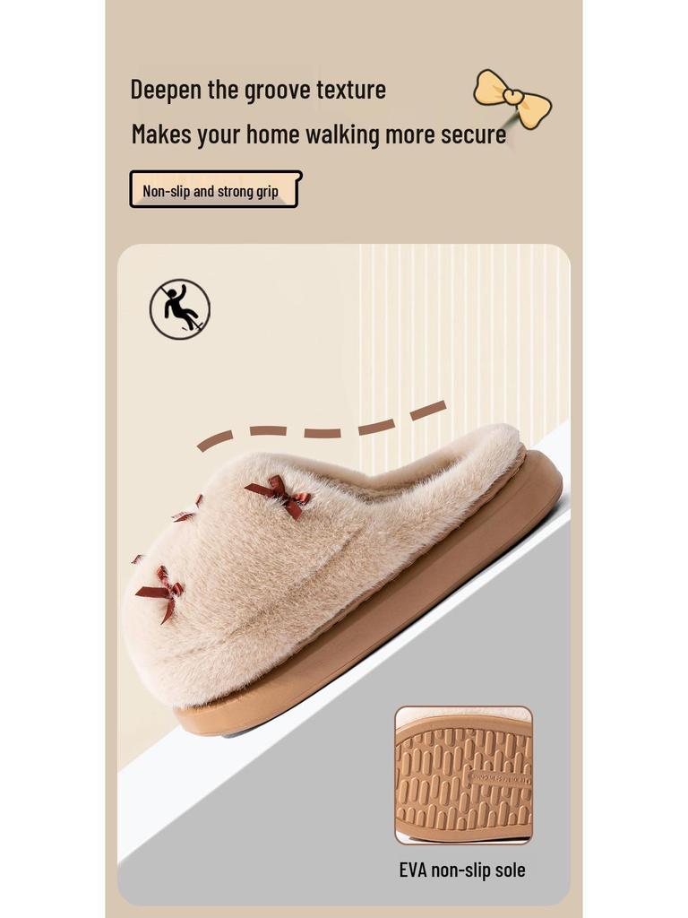 Women's Warm Cotton Slippers - Non-Slip, Cute Bow, Indoor Maternity Shoes for Autumn & Winter