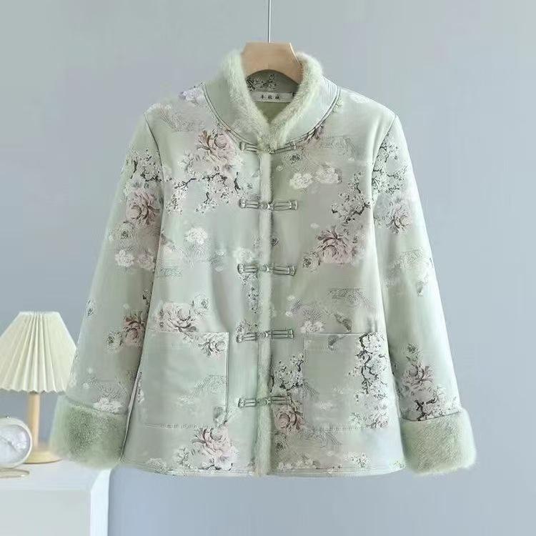 Women's Chinese-Style Fleece-Lined Cotton Jacket: Winter Thickened Retro Outerwear with Frog Buttons