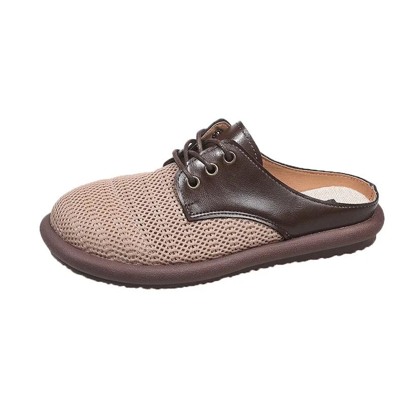 Women's Mules Round Toe Lace-up Cover Toe Flat Sole Women's Slippers Dress Daily Commute Retro Hollow Upper Zapatillas De Mujer