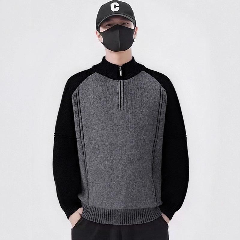 Autumn/Winter Retro Color Block Half-Zip Jacquard Knit Top XL