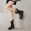Krazing Pot Cow Suede Round Toe Thick Heels Motorcycle Boots Size 42 Back Zip Women Keep Warm Metal Button Mid-calf Boots