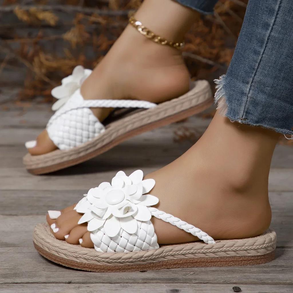 Fashion Summer Floral Braided Flat Slippers Classics Solid PU Leather Women Non Slip Flip Flops Soft Comfortable Beach Sandals Femme