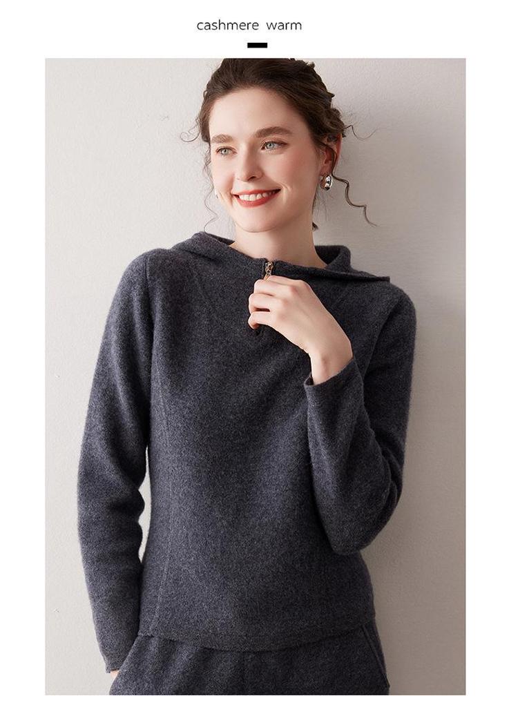 Women's Cashmere Hooded Half-Zip Sweater - 2025 Autumn/Winter Warm Knitwear, Age-Reducing Solid Color