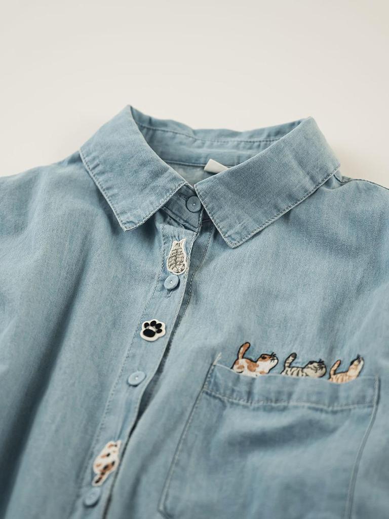 Women's Retro Cartoon Embroidered Cotton Denim Shirt - Long Sleeve, Casual Top for Spring/Autumn 2025