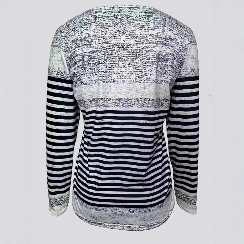 New Women's Half-Zip Polo Neck Striped Print T-Shirt Casual Versatile Regular Shoulder Top for Europe USA Crossborder
