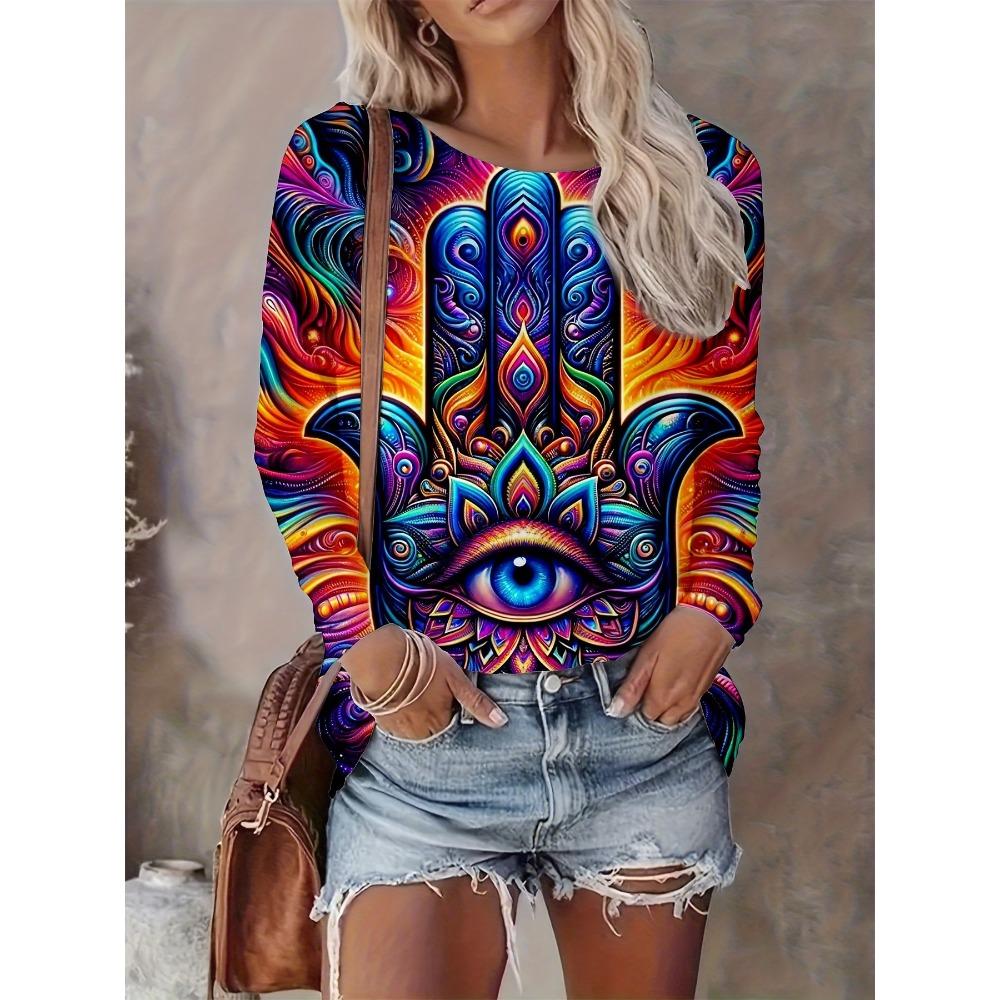Fashionable Casual Round Neck Long Sleeved T-shirt Soft Comfortable Versatile Loose Colorful Creative Facial Features3d Printed Women's T-shirt