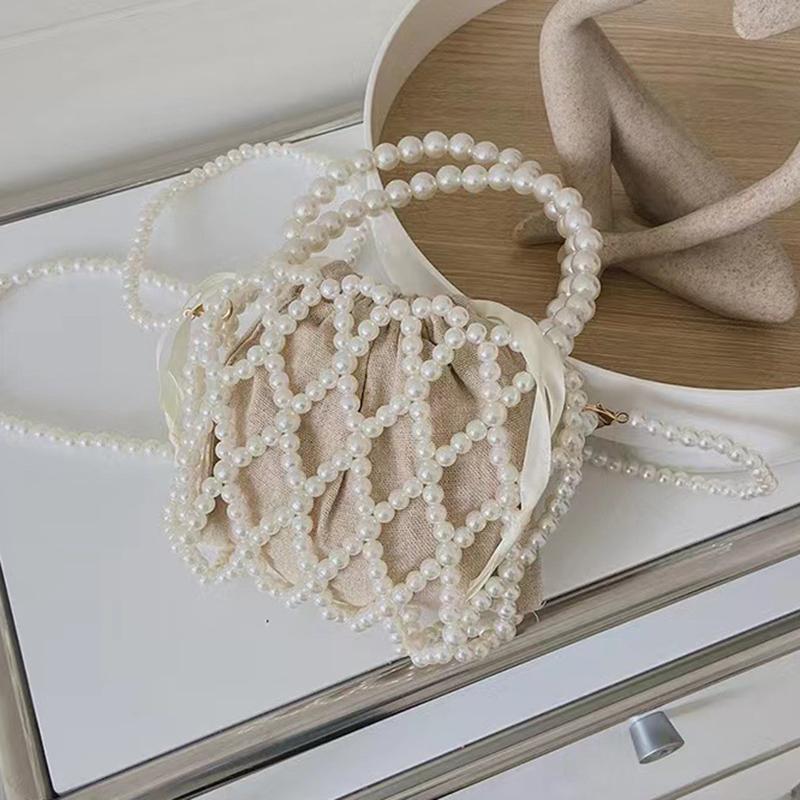 Yogodlns French Retro Handbag Fairy Woven Beaded Bucket Bag Crossbody Bag Summer Niche Design Hollowed Out Pearl Bag