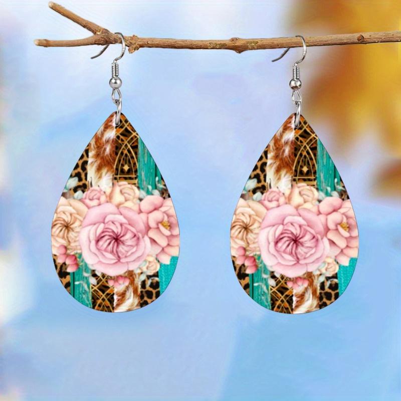 Vintage Style Golden & Pink Flower Pattern PU Leather Earrings for Women Elegant Earrings Birthday Gifts Mother's Day Gifts Christmas Gifts