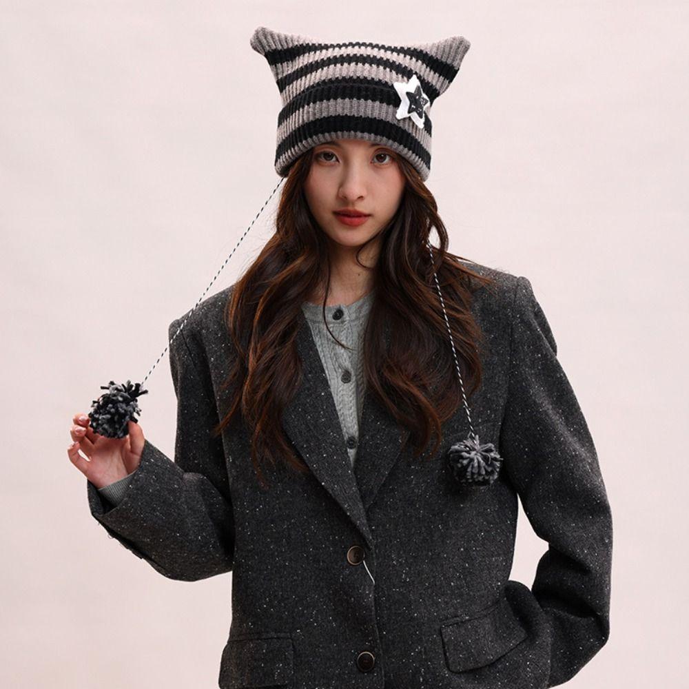 Y2K Cat's Ears Knitted Hat Star Woolen Hat Cute Warm Cap  Women