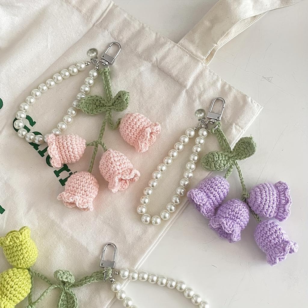 Cute Pearl Chain Woolen Crochet Lily Of Valley Flower String Keychain Bag Decorative Buckle Boho Style Creative Keychain Backpack Pendant Party