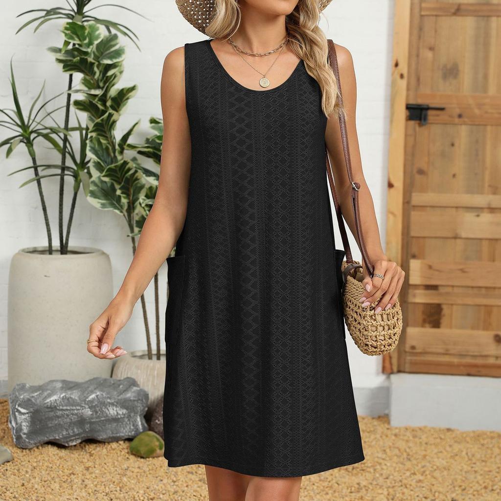 Damen Sommerkleid Locker Ärmellos Sonnenkleid Badeanzug Überwurf Strandurlaub Kleid mit Taschen