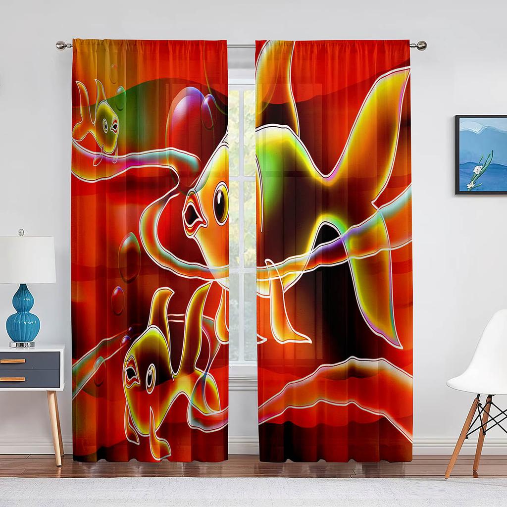 Koi Fish Ink Painting Goldfish Sheer Voile Curtains Window Treatment Chiffon Tulle Curtain for Kitchen Living Room Bedroom Drape
