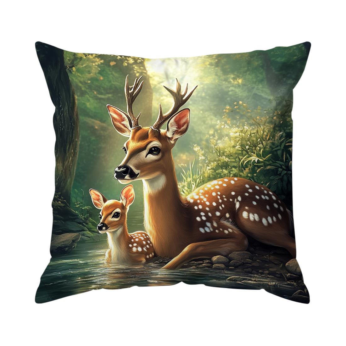 Groen Bos Hert Kussen Kussensloop Bedrukt Polyester 45x45cm Sierkussenhoes Decoratieve Bank Kussenhoes Huisdecoratie 45x45cm