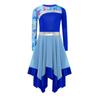 Girls Contemporary Worship Dance Dress: Long Sleeve with Invisible Zipper Back, Stylish Printed Patchwork & Color Block Irregular Hem