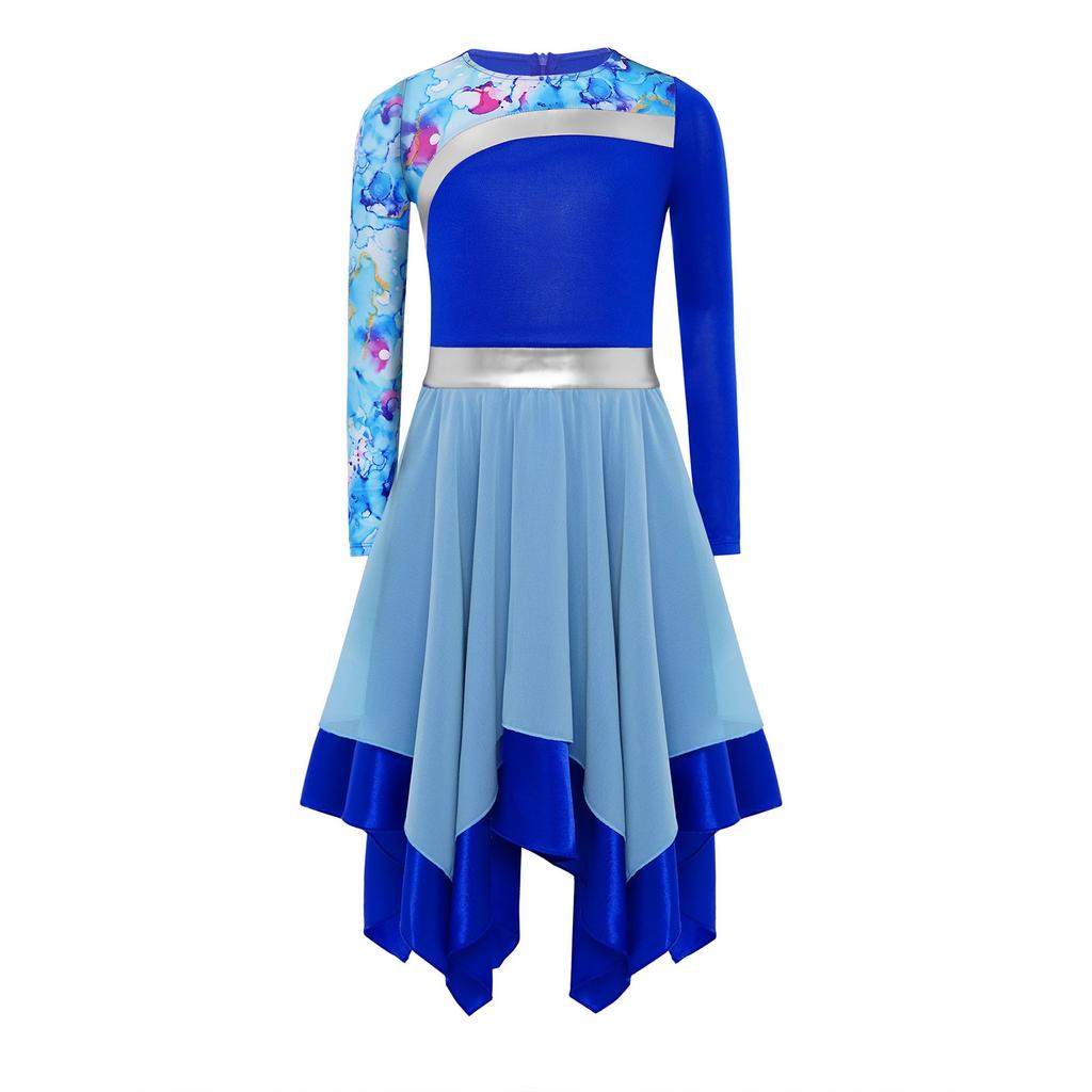 Girls Contemporary Worship Dance Dress: Long Sleeve with Invisible Zipper Back, Stylish Printed Patchwork & Color Block Irregular Hem
