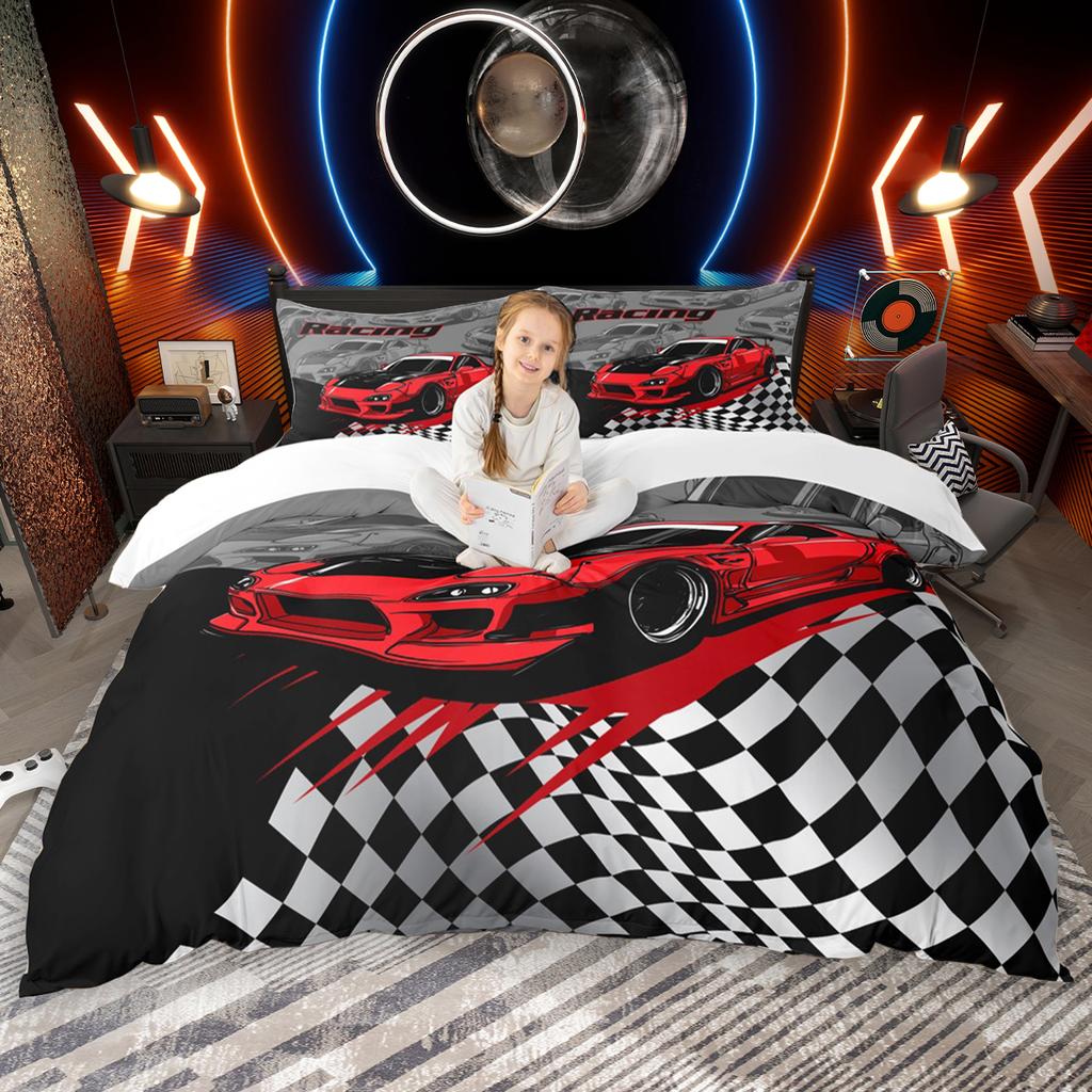 Homewish Speed Racing Car Duvet Cover Set for Boys 2pcs/3pcs, Cool Sports Car Bedding Set, Extreme Sport Themed Comforter Cover