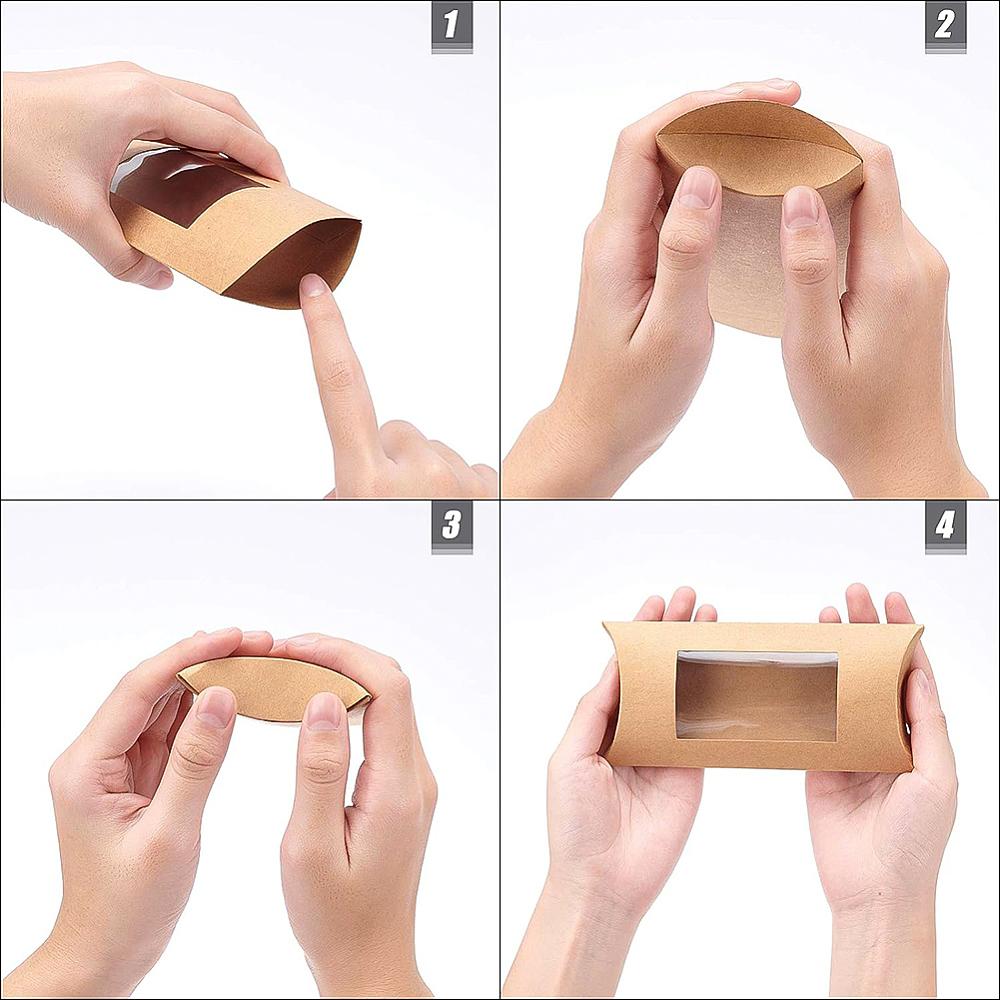 30pcs Kraft Paper Pillow Candy Box with Clear Window for Wedding Favors Baby Shower Birthday Party Supplies Sandy Brown 18.5x7.8x0.8cm