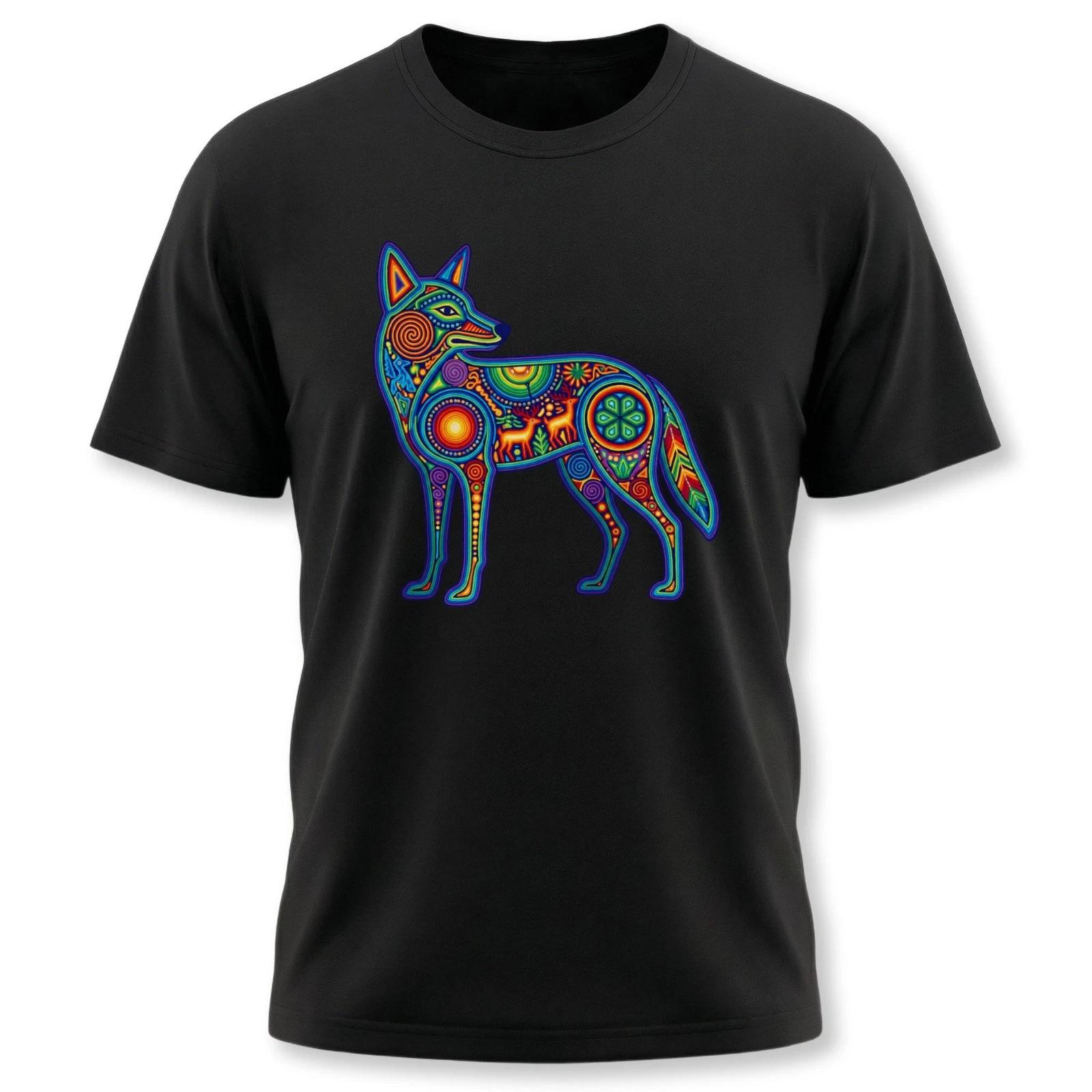 Huichol Coyote T-Shirt | Vibrant Mexican Folk Art Animal Graphic Tee Shirt XL