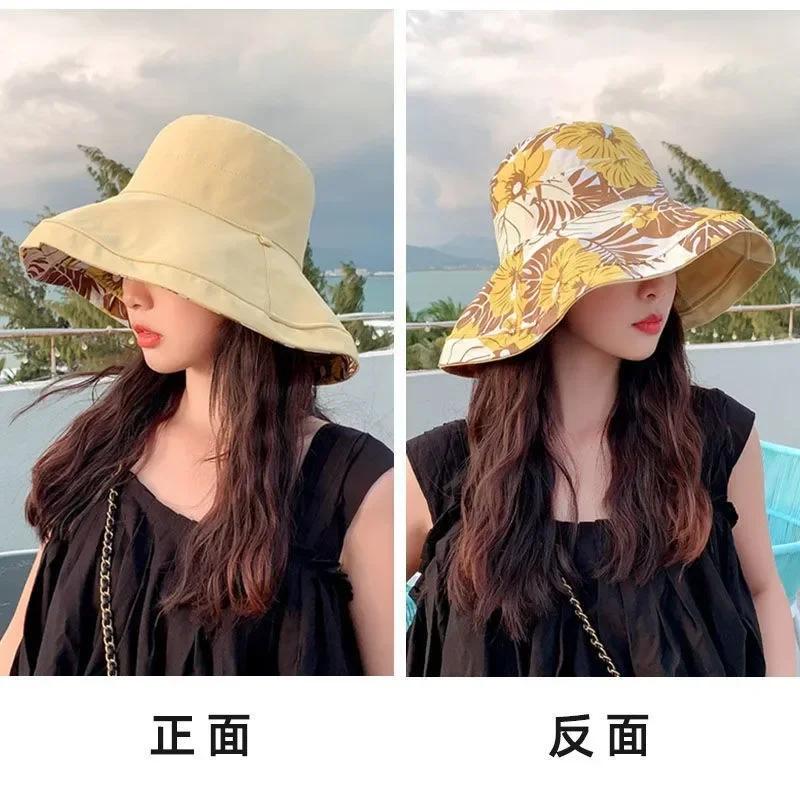 Reversible Foldable Cotton Sun Hat For Women Summer Wide Brim Uv Protection Panama Beach Bucket Hat Ladies Girls Outdoor Sea Hat